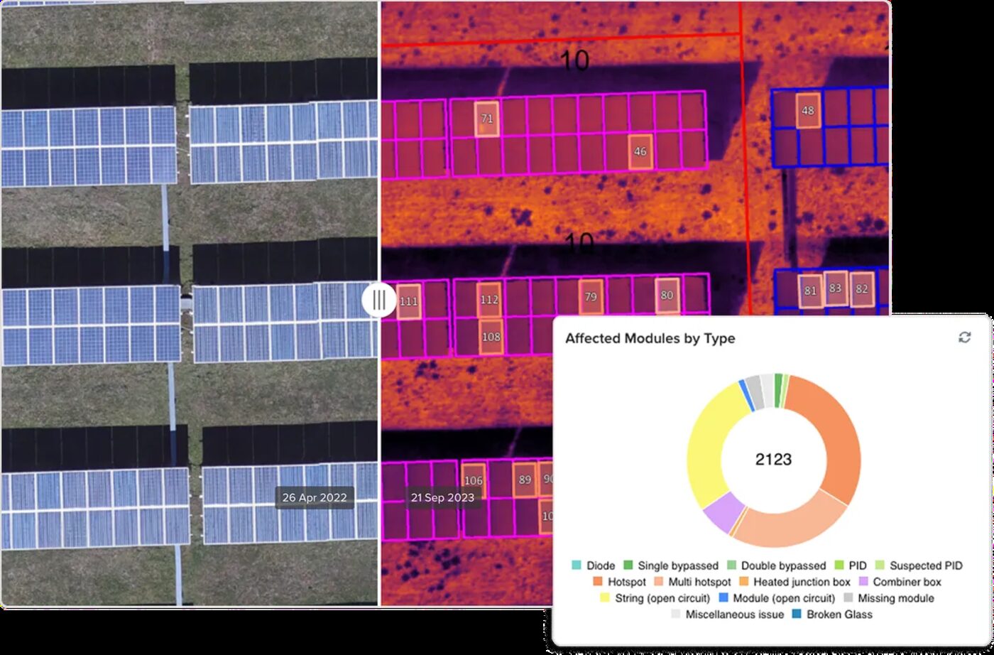 Side-by-side RGB and thermal imagery of a solar array with classified module defects